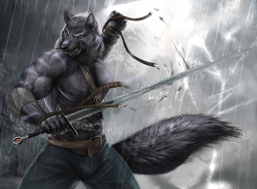 abs anthro biceps canine male mammal muscular muscular_male nipples pecs raining wolf zorro_re