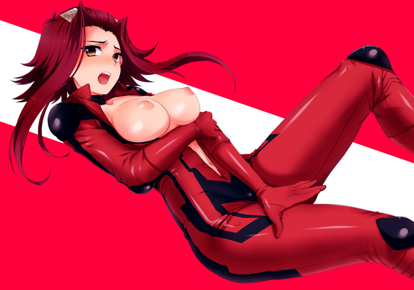 areolae bad_id bad_pixiv_id biker_clothes bikesuit blush bodysuit breasts highres izayoi_aki large_breasts nipples open_mouth red_hair short_hair solo usaki_(ama) yellow_eyes yuu-gi-ou yuu-gi-ou_5d's