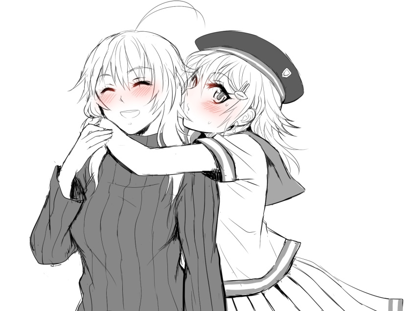 :d ahoge arms_around_neck bangs blush eyes_closed facing_viewer grey_sweater greyscale hair_between_eyes hair_ornament hat highres imminent_kiss lips long_hair long_sleeves looking_at_viewer monochrome open_mouth original pleated_skirt reef ribbed_sweater sailor_collar shirt short_hair short_sleeves simple_background skirt smile spot_color sweater yuri
