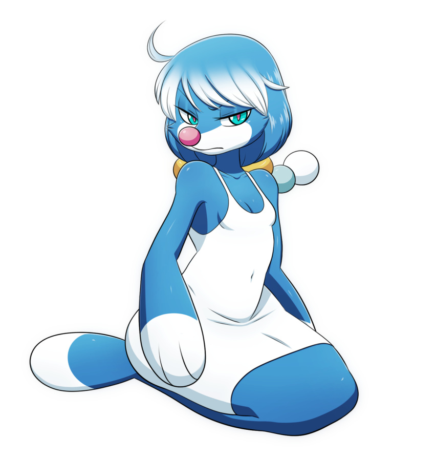 2017 anthro blue_hair breasts brionne clothed clothing digital_media_(artwork) dress female green_eyes grumpy hair half-closed_eyes looking_at_viewer mammal marine multicolored_hair nintendo pinniped pok&eacute;mon pok&eacute;mon_(species) ponytails silentsound simple_background sitting small_breasts solo two_tone_hair video_games white_background white_hair