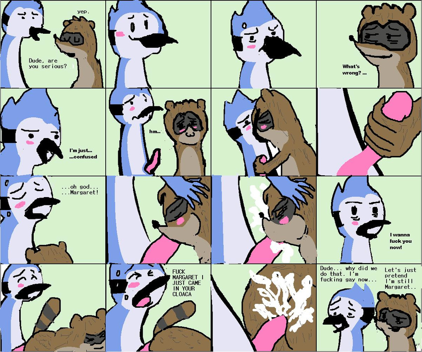 50000_hours_in_photoshop anal anthro avian bird blue_body blush brown_fur duo erection fur gay humor kissing male mammal meme mordecai oral penis raccoon regular_show rigby unknown_artist