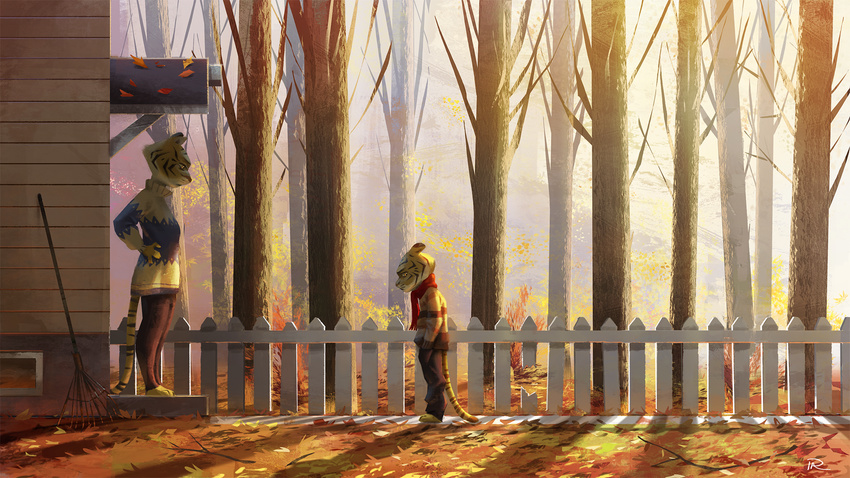 anthro autumn backlight building child clothed clothing detailed_background disappointed duo feline female fence house mammal mother outside parent pelboy porch rake scarf standing sunset sweater tiger tree young