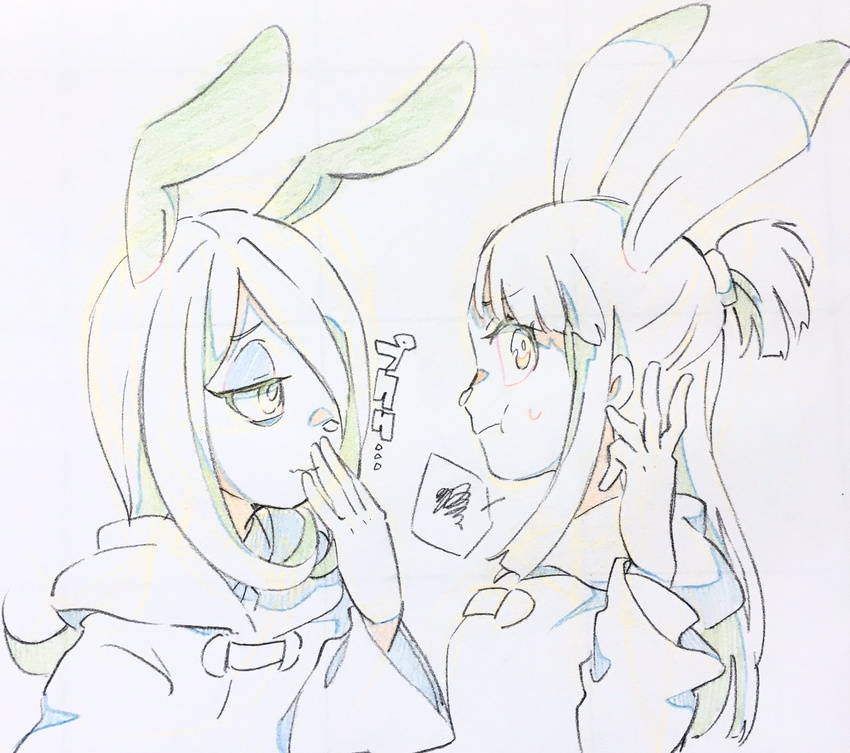 animal_ears bunny_ears bunny_nose covering_mouth eyeshadow hair_over_one_eye hand_over_own_mouth highres ichigo_choco kagari_atsuko little_witch_academia long_hair makeup multiple_girls simple_background sketch smile squiggle sucy_manbavaran sweatdrop