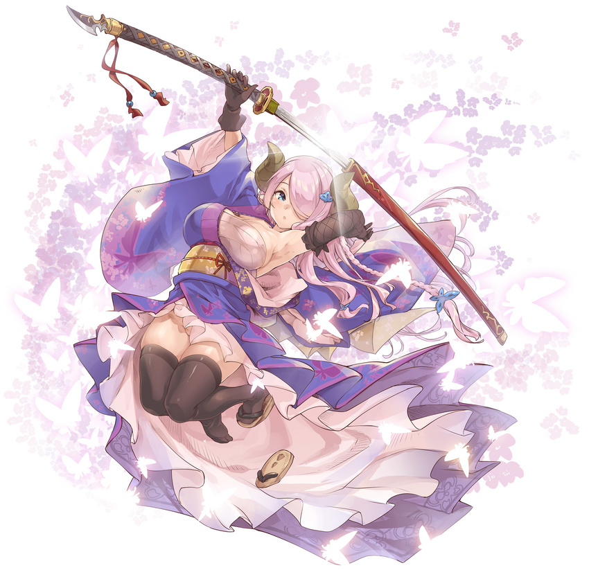 :o animal_print armpits arms_up asymmetrical_gloves black_legwear blade blue_eyes braid breasts brown_gloves bug butterfly butterfly_background butterfly_hair_ornament butterfly_print commentary_request draph drawing_sword elbow_gloves floating_hair floral_background floral_print full_body glint gloves glowing_butterfly granblue_fantasy groin hair_ornament hair_over_one_eye highres holding holding_sword holding_weapon horns insect japanese_clothes katana kimono large_breasts light_rays long_hair looking_at_viewer looking_to_the_side narmaya_(granblue_fantasy) obi off_shoulder outstretched_arm pink_hair pointy_ears print_kimono sandal_removed sandals sarashi sash scabbard sheath shiny shiny_clothes shiny_hair shiny_skin shoes single_braid single_elbow_glove single_shoe skindentation solo sword thighhighs thomasz unsheathing weapon white_background wide_sleeves wind