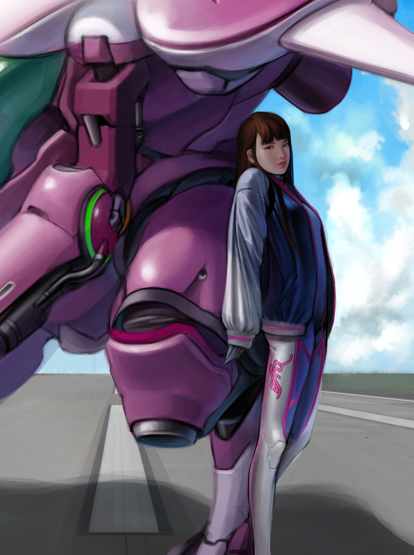 absurdres against_mecha asian bangs blue_sky bodysuit breasts brown_eyes brown_hair character_name clothes_writing cloud d.va_(overwatch) day emblem facepaint facial_mark headphones high_collar highres jacket jong_hyun_jeon leaning_back long_hair long_sleeves looking_at_viewer looking_to_the_side mecha meka_(overwatch) nose outdoors overwatch pilot_suit pink_lips realistic ribbed_bodysuit runway shadow shoulder_pads skin_tight sky sleeves_past_wrists small_breasts solo standing swept_bangs whisker_markings