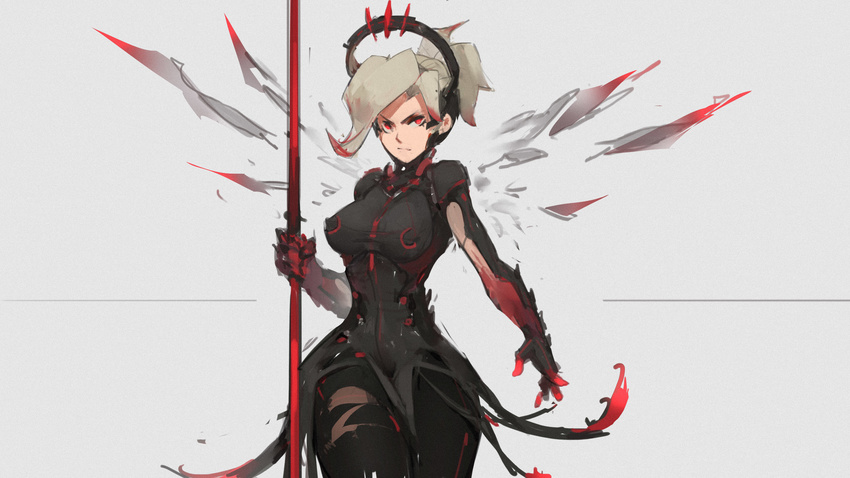 adapted_costume alternate_costume alternate_wings black_legwear blonde_hair bodysuit breasts cowboy_shot dark_persona gaoerji grey_background high_ponytail highres holding holding_staff looking_at_viewer mechanical_halo medium_breasts mercy_(overwatch) overwatch pelvic_curtain red_eyes serious simple_background sketch solo staff wings