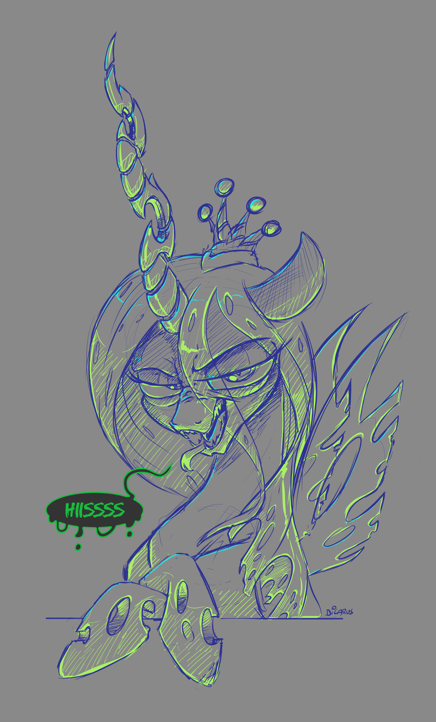2017 changeling crown dilarus english_text fangs female feral friendship_is_magic grey_background hair horn looking_at_viewer my_little_pony queen_chrysalis_(mlp) simple_background slit_pupils solo text tongue tongue_out