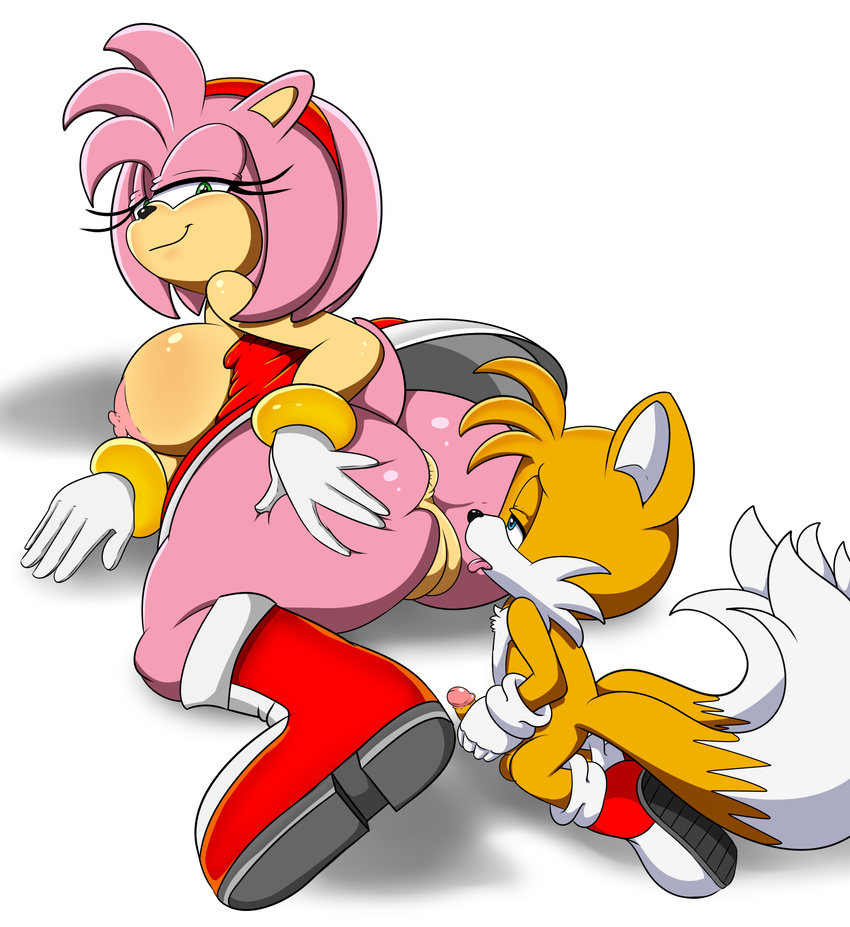 2017 amy_rose anthro anus areola big_breasts big_butt breasts butt canine digitaldomain123 duo erect_nipples erection female fox hedgehog huge_butt male mammal masturbation miles_prower nipples penis pussy smile sonic_(series)