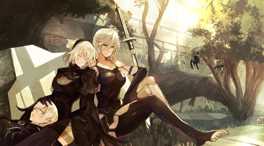 2girls absurdres android bad_feet barefoot black_dress closed_eyes dress feather-trimmed_sleeves hairband highres lap_pillow mono_(jdaj) multiple_girls nier_(series) nier_automata no_blindfold pod_(nier_automata) silver_hair sleeping sleeping_on_person smile sword thighhighs toeless_legwear toes weapon yorha_no._2_type_b yorha_no._9_type_s yorha_type_a_no._2