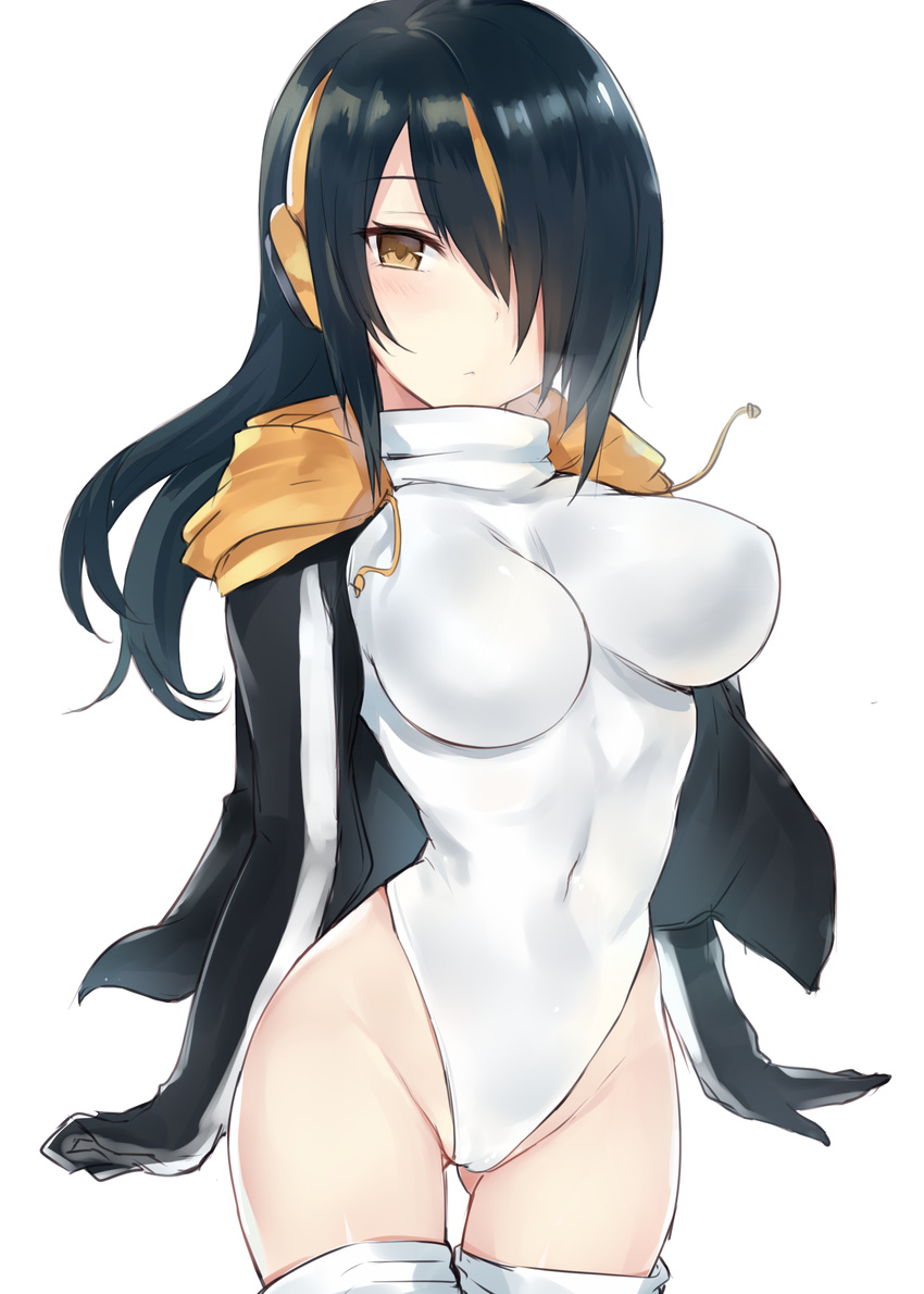 :&lt; ass_visible_through_thighs bad_id bad_pixiv_id black_hair black_jacket breasts brown_eyes closed_mouth covered_navel cowboy_shot emperor_penguin_(kemono_friends) hair_over_one_eye headphones highres impossible_clothes impossible_leotard jacket kemono_friends kyouki leotard long_hair looking_at_viewer medium_breasts multicolored_hair simple_background solo standing streaked_hair thighhighs white_background white_legwear white_leotard