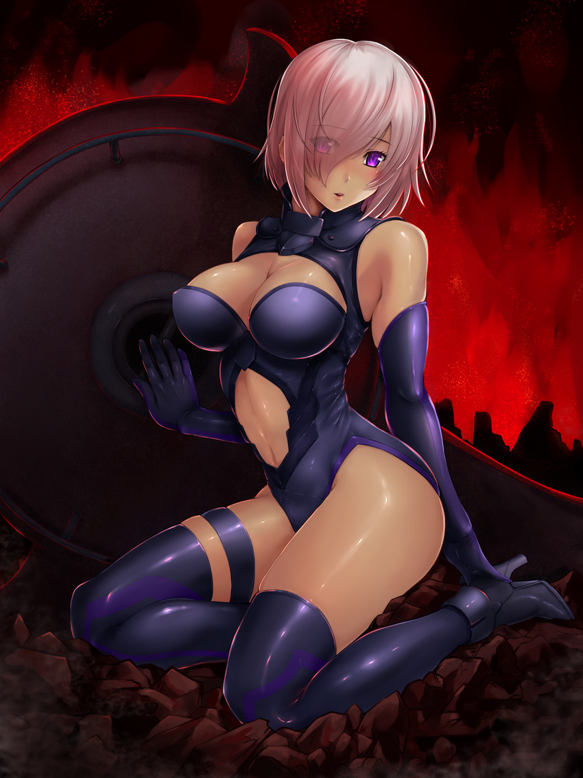 :d backlighting bare_shoulders black_footwear blush breasts cleavage cleavage_cutout elbow_gloves eyebrows_visible_through_hair eyes_visible_through_hair fate_(series) gloves hair_over_one_eye high_heels highres large_breasts looking_at_viewer mash_kyrielight navel_cutout open_mouth parted_lips pink_hair purple_eyes purple_gloves purple_legwear rock shield shiny shiny_skin shoes short_hair sitting smile taru_neko thigh_strap thighs yokozuwari