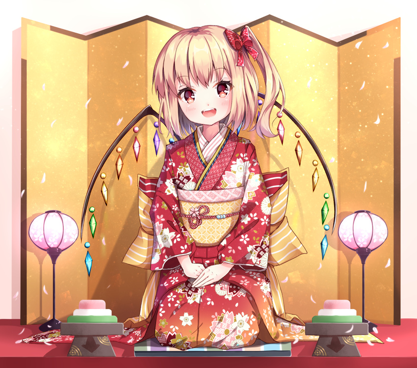 alternate_costume bangs blonde_hair cherry_blossoms fangs flandre_scarlet floral_print full_body hair_ribbon head_tilt hinamatsuri hishimochi indoors japanese_clothes kimono long_sleeves looking_at_viewer obi open_mouth red_eyes red_ribbon ribbon sash seiza shiero. side_ponytail sitting smile solo teeth touhou wide_sleeves wings