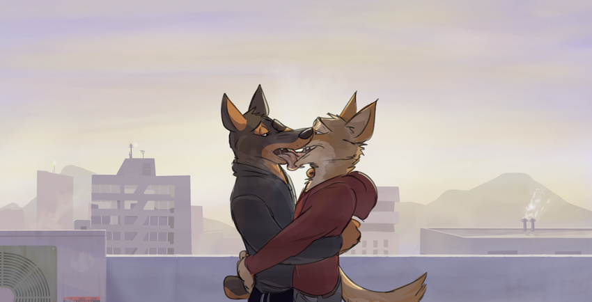 2017 clothed clothing hug kissing male male/male open_mouth paintfox saliva