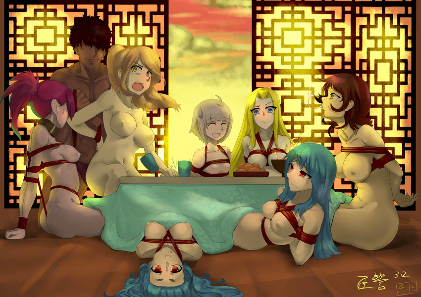 6+girls :d :t ^_^ absurdres ahoge angry aqua_hair arm_support arms_behind_back bangs bdsm blonde_hair blue_eyes blunt_bangs bondage bound bound_wrists breast_bondage breasts briefs brown_hair chen_zi closed_eyes cloud collar collarbone crotch_rope cup d: dark_skin dark_skinned_male eating eyebrows_visible_through_hair eyelashes food fruit grimace highres indoors kotatsu large_breasts lattice lavender_hair looking_at_another looking_at_viewer lying mandarin_orange medium_breasts multiple_girls navel nipples nude on_back on_floor open_mouth original panties ponytail pout profile purple_hair reclining red_eyes red_rope restrained rope shibari signature sitting small_breasts smile smirk sunset sweatdrop table tying under_kotatsu under_table underwear yellow_eyes