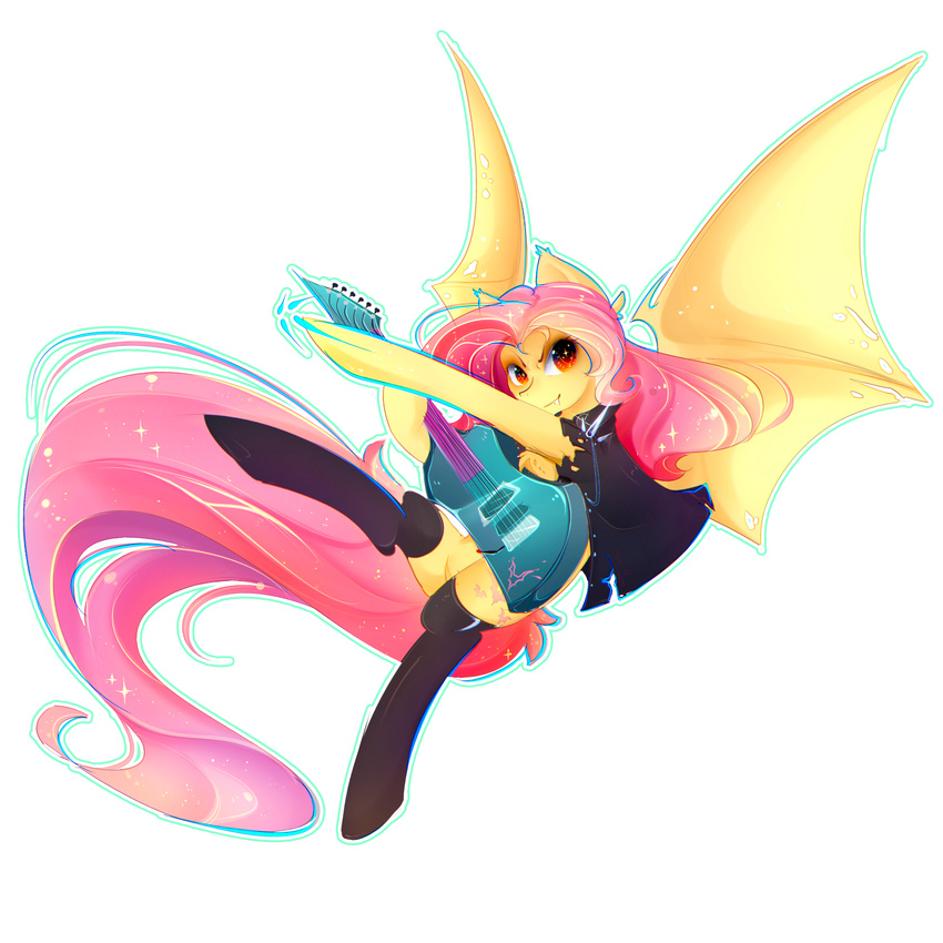 anthro bat_pony clothed clothing cutie_mark equine featureless_crotch female flutterbat_(mlp) fluttershy_(mlp) friendship_is_magic hair koveliana mammal membranous_wings my_little_pony pink_hair smile solo wings