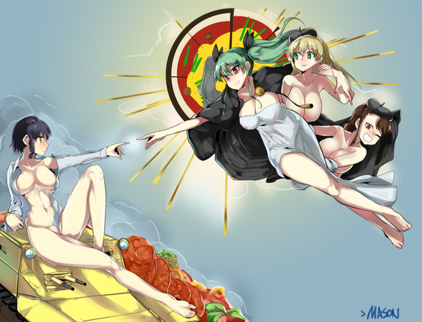 amaretto_(girls_und_panzer) anchovy anzio_(emblem) anzio_school_uniform arm_around_shoulder arm_support artist_name asymmetrical_bangs bangs beret black_cape black_hair black_hat black_ribbon blonde_hair braid breasts brown_eyes cape carpaccio carro_veloce_cv-33 cleavage closed_mouth commentary dress_shirt emblem fine_art_parody flying from_side girls_und_panzer green_eyes green_hair grin ground_vehicle hair_ribbon hat large_breasts leaning_back looking_at_another looking_at_viewer lying masonlizard military military_vehicle motor_vehicle multiple_girls naked_shirt naked_towel nude on_back one_eye_closed open_clothes open_shirt parody partially_visible_vulva peeking_out pepperoni_(girls_und_panzer) reaching_out red_eyes ribbon salad shirt side_braid signature smile tank the_creation_of_adam tomato towel twintails white_shirt