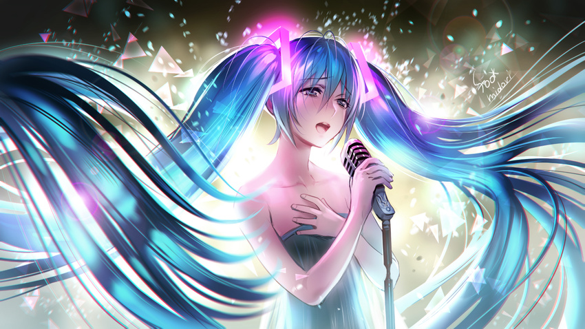 aqua_eyes aqua_hair backlighting bangs banned_artist bare_arms bare_shoulders chromatic_aberration collarbone eyebrows_visible_through_hair fingernails flat_chest floating_hair glowing glowing_hair hair_between_eyes hair_ornament half-closed_eyes hand_on_own_chest hands_up hatsune_miku highres holding holding_microphone lens_flare long_hair looking_away microphone midori_fuu music open_mouth signature singing solo standing strapless triangle twintails upper_body very_long_hair vintage_microphone vocaloid