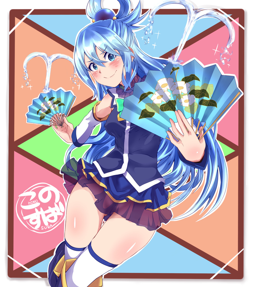 absurdres aqua_(konosuba) arm_behind_back bare_shoulders blue_eyes blue_hair blush breasts copyright_name detached_sleeves fan folding_fan fountain hair_ornament hair_rings highres hisa_tsuki kono_subarashii_sekai_ni_shukufuku_wo! long_hair looking_at_viewer medium_breasts skirt smile solo thighhighs very_long_hair water