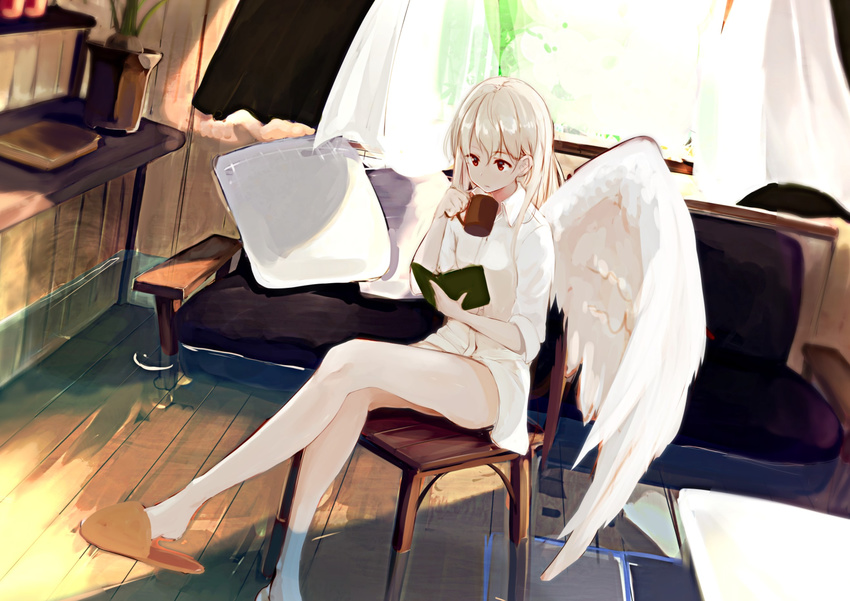 book bottomless chair collared_shirt couch cup curtains dress_shirt feathered_wings flood highres holding holding_book holding_cup homo_1121 indoors legs naked_shirt no_pants original pillow plant potted_plant reading red_eyes shirt shoe_dangle silver_hair single_wing sitting slippers solo water white_shirt white_wings window wing_collar wings wooden_floor