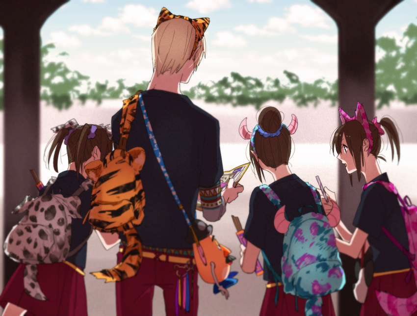 1boy 3girls alice_in_wonderland animal_ears backpack bad_id bad_pixiv_id bag blonde_hair brown_eyes cat_ears cheshire_cat con_potata disney dog_ears fake_animal_ears fake_horns from_behind hair_bun james_p._sullivan monsters_inc. mr._potato_head multiple_girls nishigoori_axel nishigoori_loop nishigoori_lutz older pixar ponytail siblings sisters skirt teenage themed_object tigger toy_story triplets twintails winnie_the_pooh yuri!!!_on_ice yuri_plisetsky