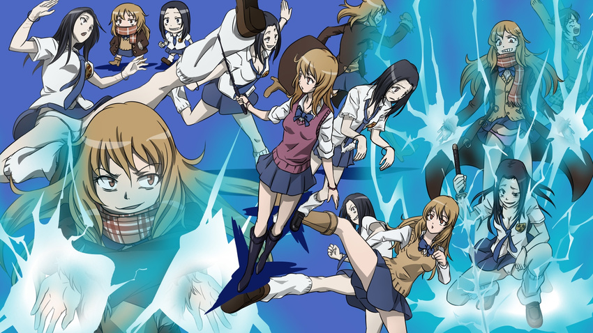 black_hair blonde_hair blue_background blue_bow blue_neckwear blue_skirt boots bow bowtie breasts brown_eyes cardigan chibi cleavage coat coppelion electricity evil_grin evil_smile fleeing fukasaku_aoi gloves grin highres katana kicking loafers long_hair loose_necktie loose_socks m_o_(prftz) medium_breasts miniskirt multiple_girls necktie outstretched_arms ozu_kanon ozu_shion pale_skin panties pantyshot pink_panties radiation_symbol running scarf school_uniform shirt shoes short_sleeves siblings sisters skirt sleeves_rolled_up small_breasts smile socks sweater_vest sword underwear weapon white_panties white_shirt
