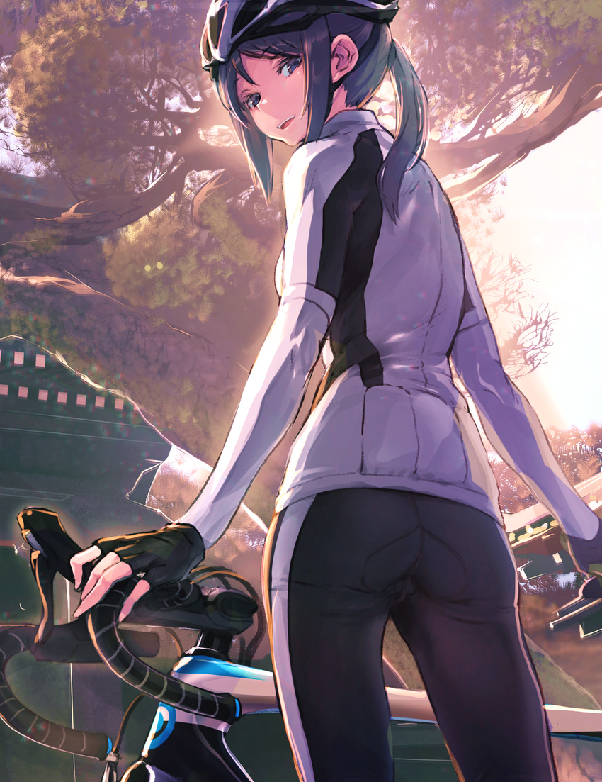 afukuro architecture ass bicycle bicycle_helmet bike_horn bike_jersey bike_shorts black_gloves black_hair brown_hair cowboy_shot east_asian_architecture fingerless_gloves gloves ground_vehicle helmet highres legs_apart long_hair looking_at_viewer looking_back minami-kamakura_koukou_joshi_jitensha-bu mori_shiki outdoors parted_lips solo standing tree