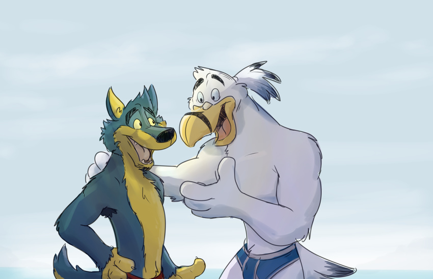 avian canine clothed clothing male male/male mammal open_mouth paintfox simple_background sky topless underwear