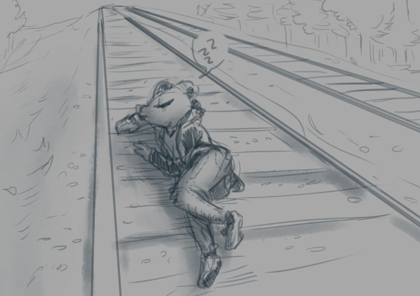 anthro bad_idea clothed clothing female greyscale hoodie lori_m. mammal monochrome mouse night_in_the_woods nobody_(artist) outside rodent sleeping solo sound_effects train_tracks zzz