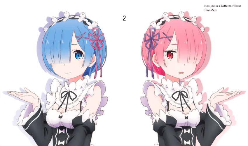 :d absurdres black_neckwear black_ribbon blue_eyes blue_hair blue_ribbon breasts cleavage copyright_name detached_sleeves hair_ornament hair_over_one_eye hair_ribbon highres looking_at_viewer maid maid_headdress multiple_girls neck_ribbon open_mouth pink_hair pink_ribbon ram_(re:zero) re:zero_kara_hajimeru_isekai_seikatsu red_eyes rem_(re:zero) ribbon sakai_kyuuta short_hair siblings simple_background sisters small_breasts smile standing twins upper_body white_background