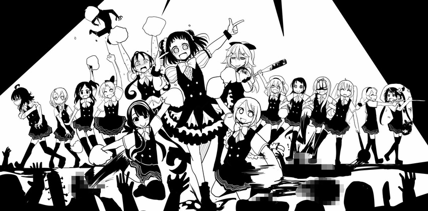 arashi_(kantai_collection) asagumo_(kantai_collection) bat blood censored cheering cheerleader commentary greyscale gun hagikaze_(kantai_collection) harusame_(kantai_collection) highres idol kantai_collection kawakaze_(kantai_collection) kicking maikaze_(kantai_collection) monochrome mosaic_censoring multiple_girls murasame_(kantai_collection) naka_(kantai_collection) nowaki_(kantai_collection) open_mouth punching sakazaki_freddy samidare_(kantai_collection) smile stomping suzukaze_(kantai_collection) sweat tears thighhighs umikaze_(kantai_collection) weapon yamagumo_(kantai_collection) yamakaze_(kantai_collection) yuudachi_(kantai_collection)