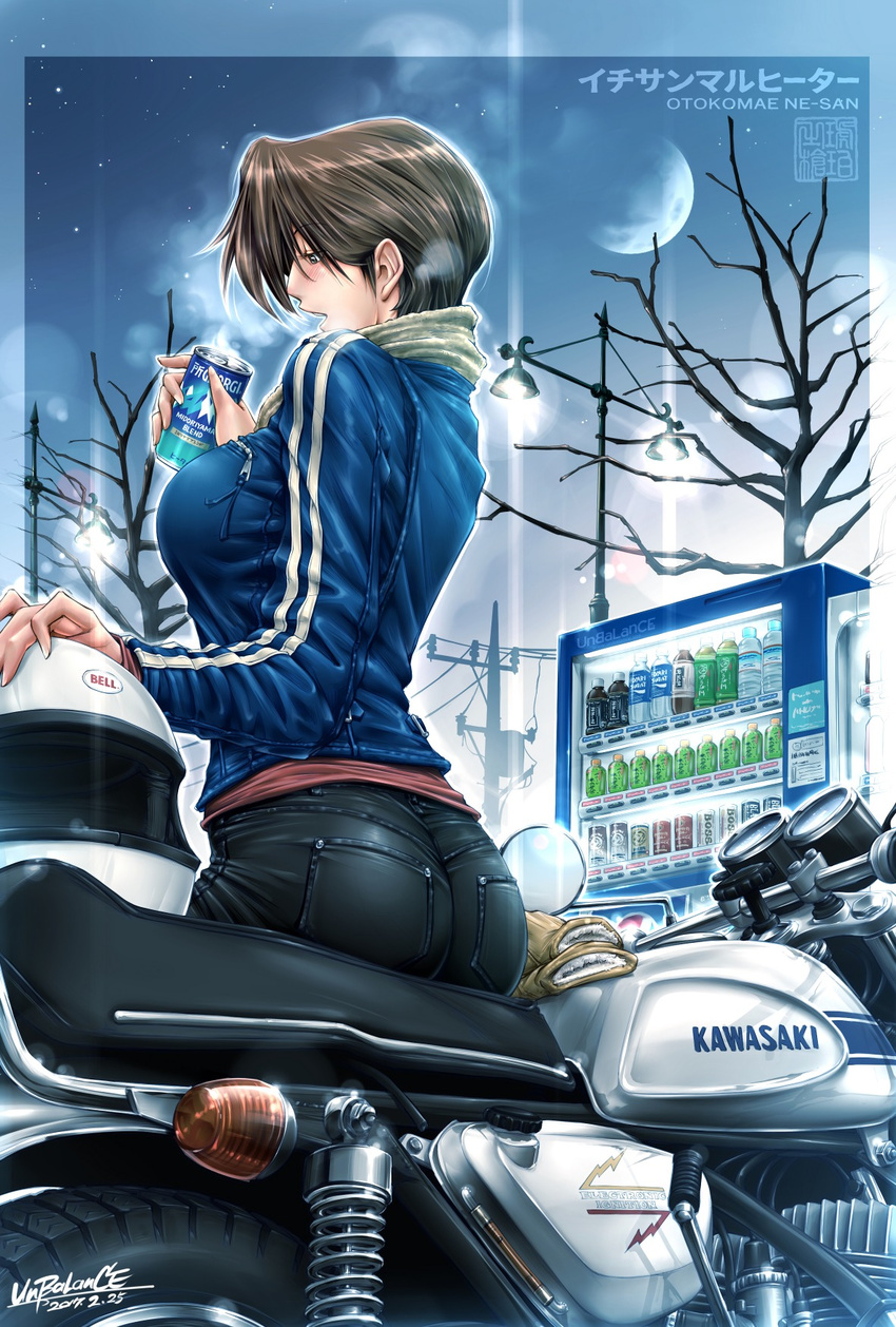 2017 artist_name ass black_hair breasts commentary_request dated ground_vehicle helmet highres jacket kawasaki large_breasts moon motor_vehicle motorcycle motorcycle_helmet night night_sky original otokomaene-san_(unbalance) pocari_sweat profile short_hair sky solo steam telephone_pole tree unbalance vending_machine