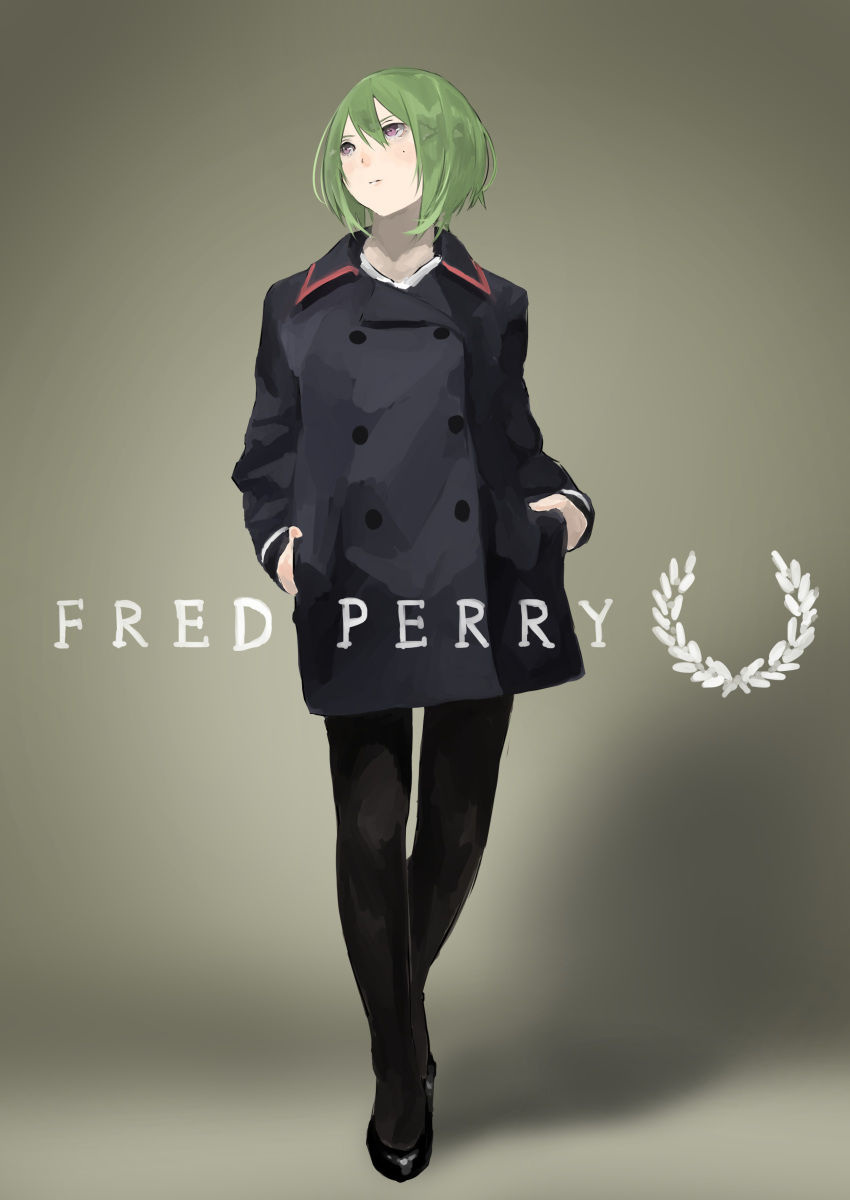 1girl absurdres bob_cut buttons closed_mouth coat double-breasted english_text fashion fred_perry_(brand) full_body green_hair hair_between_eyes hands_in_pockets highres looking_away midorikawa_yuhata mole pantyhose purple_eyes shoes short_hair sidonia_no_kishi simple_background solo standing