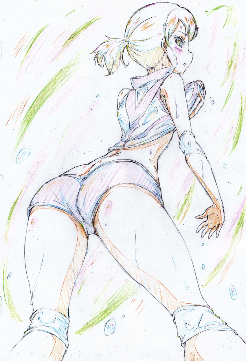 1girl absurdres ass back bangs brown_eyes brown_hair color_trace colored_pencil_(medium) commentary cowboy_shot droplet elbow_pads from_behind girls_und_panzer hair_tie highres kawanishi_shinobu kitazinger knee_pads legs light_blush light_frown looking_at_viewer looking_back open_mouth red_shirt red_shorts shirt shirt_lift short_hair short_ponytail short_shorts shorts sketch sleeveless sleeveless_shirt solo sportswear standing sweat traditional_media volleyball_uniform wiping_face