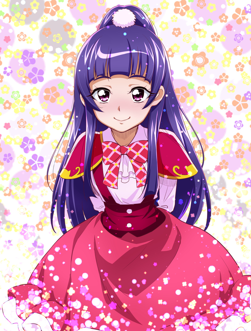 arms_behind_back bow highres izayoi_liko long_hair looking_at_viewer magic_school_uniform mahou_girls_precure! nakahira_guy pink_eyes plaid plaid_bow ponytail precure purple_hair smile solo