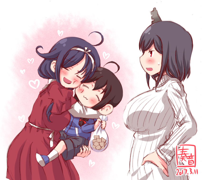 ahoge alternate_costume black_hair black_shorts braid breasts brown_hair cheek-to-cheek commentary dated hair_flaps heart highres hug kanon_(kurogane_knights) kantai_collection large_breasts long_hair long_sleeves low_twintails multiple_girls red_eyes revision ryuuhou_(kantai_collection) shigure_(kantai_collection) short_hair shorts sweat sweater taigei_(kantai_collection) twintails white_sweater yamashiro_(kantai_collection)