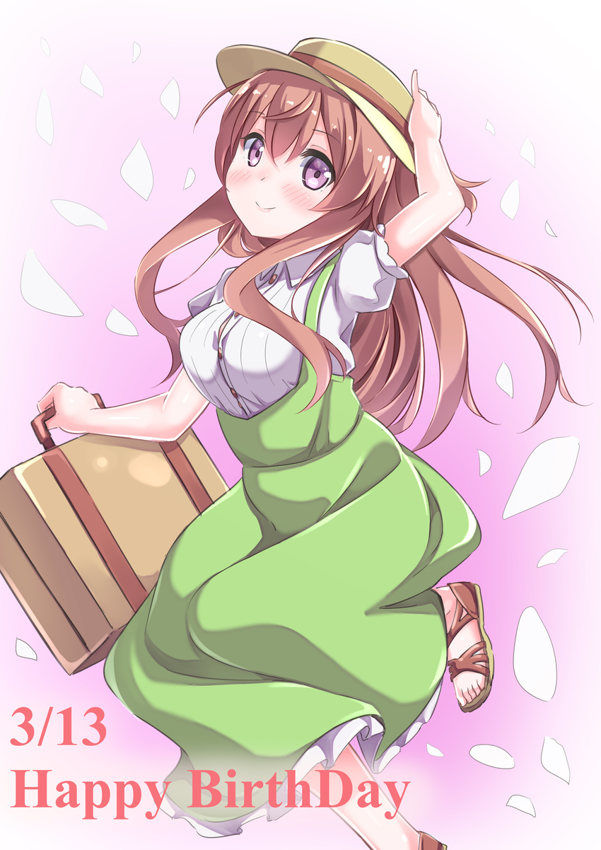 absurdres arm_up bangs blush breasts brown_hair buttons carrying closed_mouth collared_shirt commentary_request dated dress english eyebrows_visible_through_hair frilled_dress frills full_body gedoo_(gedo) gochuumon_wa_usagi_desu_ka? gradient gradient_background green_dress hand_on_headwear happy_birthday hat highres holding hoto_mocha large_breasts leg_up long_hair looking_at_viewer no_legwear number petals pink_background pinky_out puffy_short_sleeves puffy_sleeves purple_eyes sandals shirt short_sleeves sidelocks sleeveless sleeveless_dress smile solo standing standing_on_one_leg suitcase two-tone_background white_background white_shirt yellow_hat
