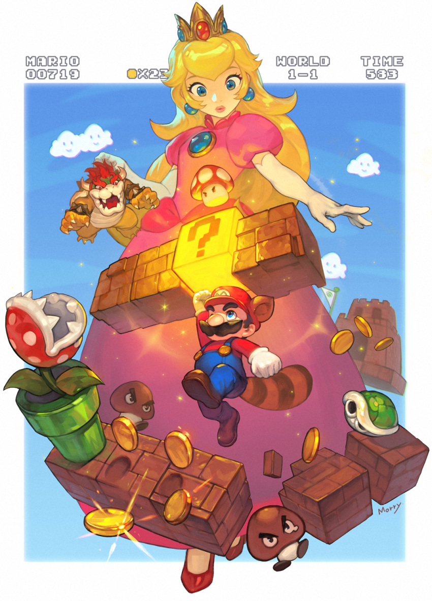 1girl 2boys ? animal_ears armlet black_eyes blonde_hair blue_eyes bowser bracelet brick brown_footwear castle cloud coin crown elbow_gloves facial_hair flag gameplay_mechanics gem gloves glowing goomba hat highres holding jewelry jumping leaf lipstick long_hair makeup mario mario_(series) multiple_boys mushroom mustache na_in-sung nintendo open_mouth parted_lips pink_lips pink_lipstick pipe piranha_plant princess_peach red_eyes red_footwear red_hair red_hat shell shoes signature smile sparkle spiked_armlet spiked_bracelet spikes tail teeth white_gloves