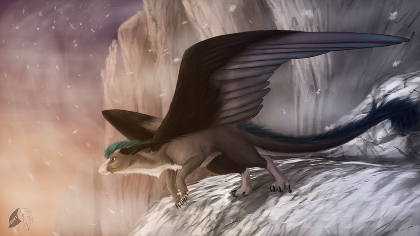 ambiguous_gender claws day dragon dsw7 feathered_dragon feathered_wings feathers feral fur furred_dragon grey_fur horn ice smile snow snowing solo wings