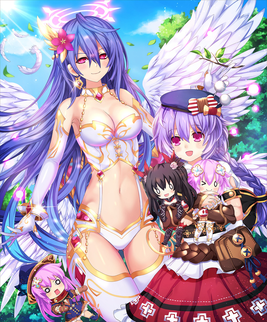 :d :o angel_wings bare_shoulders beluga_dolphin blank_eyes blue_hair blush braid breasts character_doll cleavage cleavage_cutout cowboy_shot day doll dual_persona elbow_gloves fantasy flower four_goddesses_online:_cyber_dimension_neptune gloves hair_between_eyes hair_flower hair_ornament halo highres hug iris_heart jewelry kami_jigen_game_neptune_v large_breasts leotard long_hair looking_at_viewer md5_mismatch multiple_girls navel nepgear neptune_(choujigen_game_neptune) neptune_(series) noire open_mouth power_symbol purple_eyes purple_hair pururut revealing_clothes smile symbol-shaped_pupils tied_hair very_long_hair wings