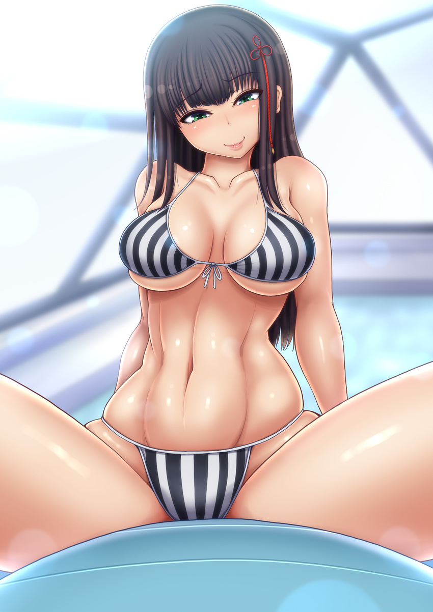 abs bare_shoulders bikini black_hair breasts cleavage collarbone commentary_request green_eyes highres long_hair looking_at_viewer medium_breasts navel persona persona_5 ponpo smile solo spread_legs striped swimsuit thighs tougou_hifumi vertical-striped_bikini vertical_stripes