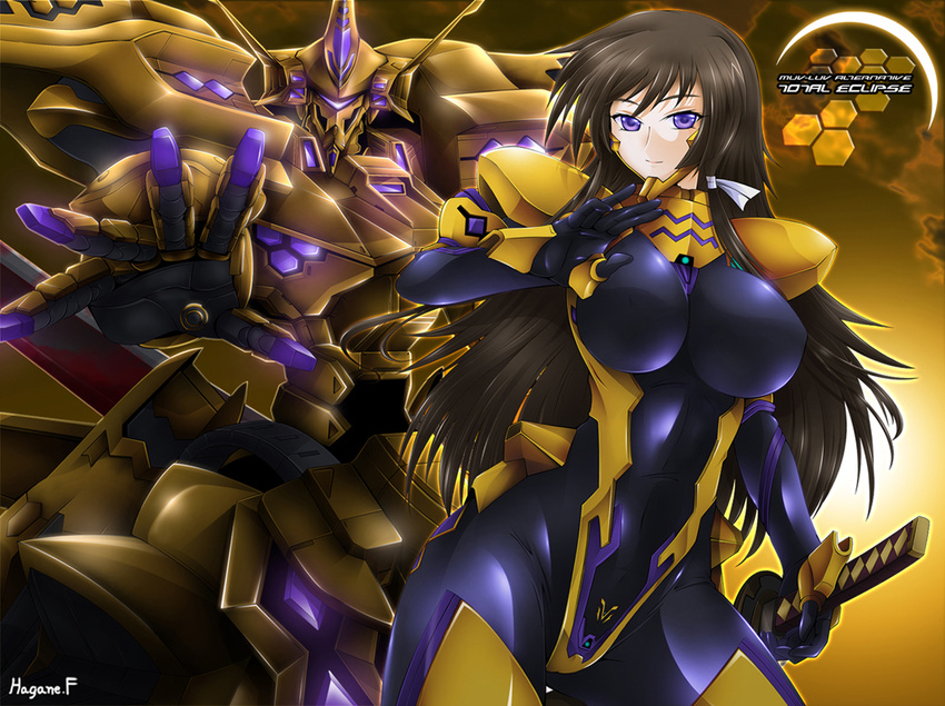 black_bodysuit blush bodysuit breasts brown_hair cleavage contrapposto covered_navel cowboy_shot glowing haganef hair_ribbon holding holding_sword holding_weapon large_breasts long_hair looking_at_viewer mecha muvluv muvluv_alternative muvluv_total_eclipse outstretched_arm pilot_suit purple_eyes ribbon shiny shiny_clothes skin_tight smile solo standing sword takamura_yui takemikazuchi_(muvluv) very_long_hair weapon