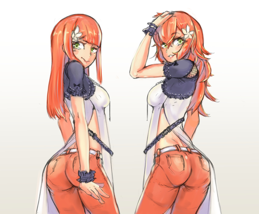 2girls android artist_request ass belt breasts devola flower green_eyes hair_flower hand_in_hair hand_on_head long_hair looking_at_viewer medium_breasts messy_hair multiple_girls nier_(series) nier_automata pants pantylines popola red_hair shiny shiny_hair sideboob sisters smile twins wrist