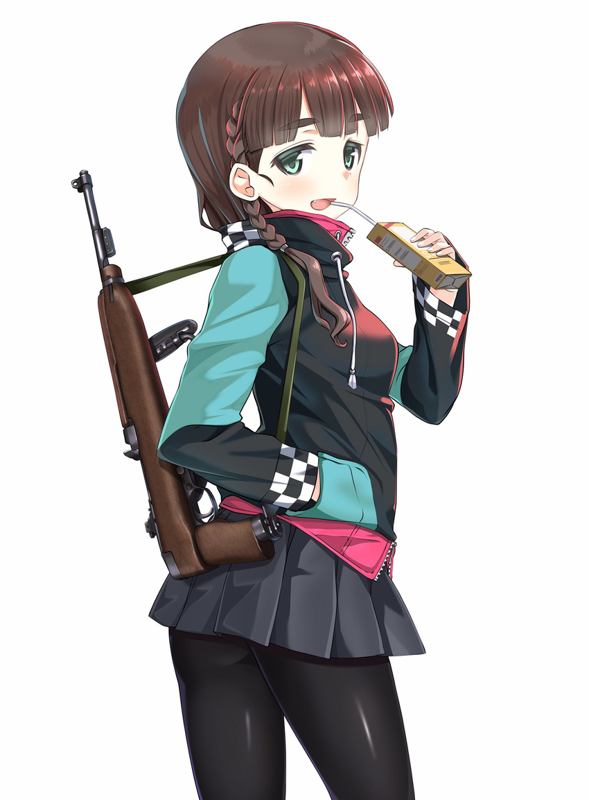 a9b_(louis814) black_hair black_legwear black_skirt braid fang green_eyes gun hand_in_pocket highres holding looking_at_viewer looking_back m1_carbine miniskirt open_mouth original pantyhose pleated_skirt rifle shiny shiny_skin short_hair skirt solo sweater thick_eyebrows weapon