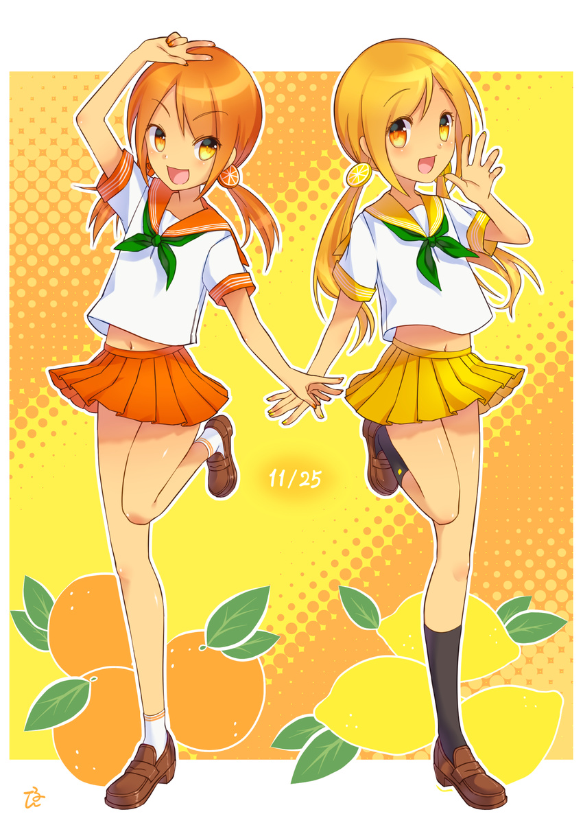 blonde_hair commentary_request dated food food_themed_hair_ornament fruit full_body hair_ornament highres leg_up lemon lemon_hair_ornament low_twintails male_focus multiple_boys nan orange orange_hair orange_hair_ornament original otoko_no_ko pleated_skirt school_uniform serafuku siblings skirt twins twintails v yellow_eyes