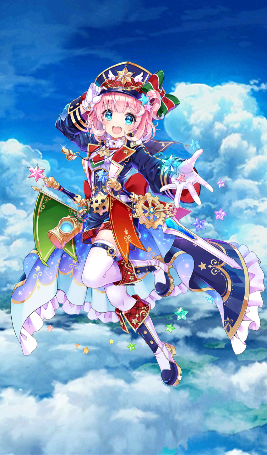 :d blue_eyes blush boots claire_stevenson cloud day full_body gloves hair_ornament hairclip hand_on_headwear hat head_tilt highres leg_up looking_at_viewer official_art open_mouth outdoors outstretched_arm pink_hair shironeko_project short_hair shorts sky smile solo star star-shaped_pupils star_hair_ornament symbol-shaped_pupils thighhighs whistle white_gloves white_legwear