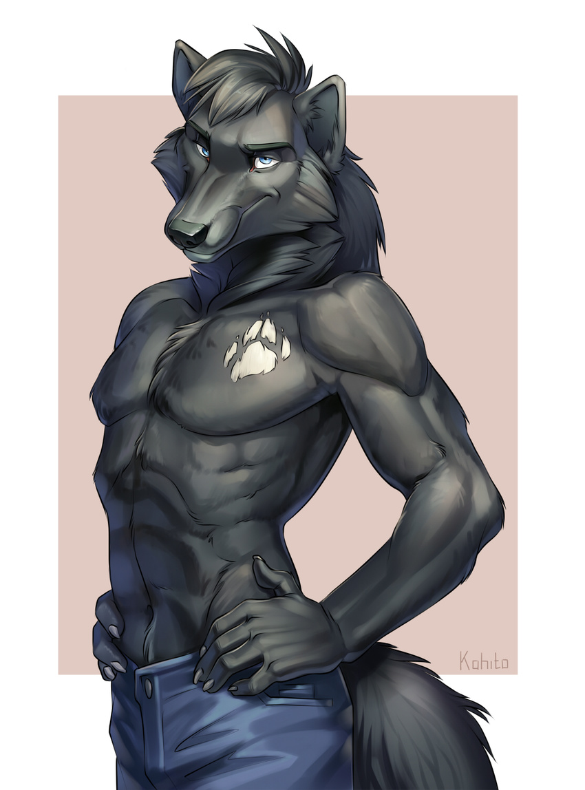 2015 abs anthro biceps black_fur canine clothed clothing fox fur hybrid kahito_slydeft_(artist) male mammal muscular pecs simple_background solo topless wolf