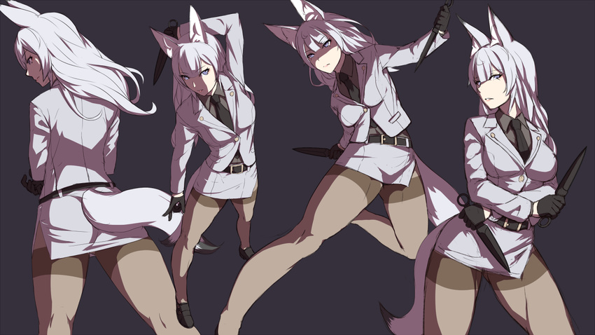 animal_ears arm_behind_head arm_up ass ass_visible_through_thighs belt black_belt black_footwear black_legwear black_neckwear blazer buttons collared_shirt commentary_request crossed_arms dress_shirt dual_wielding facing_away formal fox_ears fox_girl fox_tail from_above from_behind full_body grey_background grey_shirt grey_skirt holding holding_weapon jacket kageshio_(276006) kicking kunai leg_up legs legs_apart long_sleeves looking_at_viewer looking_to_the_side looking_up miniskirt multiple_views necktie original outstretched_leg pantyhose parted_lips pencil_skirt pocket sekka_(kageshio) serious shirt shoes side_slit simple_background skirt skirt_suit standing suit tail thighband_pantyhose thighs toned w weapon wind wind_lift wing_collar