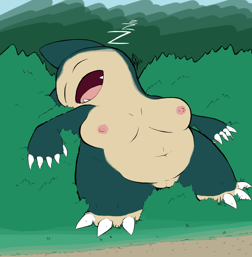belly breasts fangs female navel nintendo nipples open_mouth overweight pink_nipples pn pok&eacute;mon pussy sleeping snorlax video_games