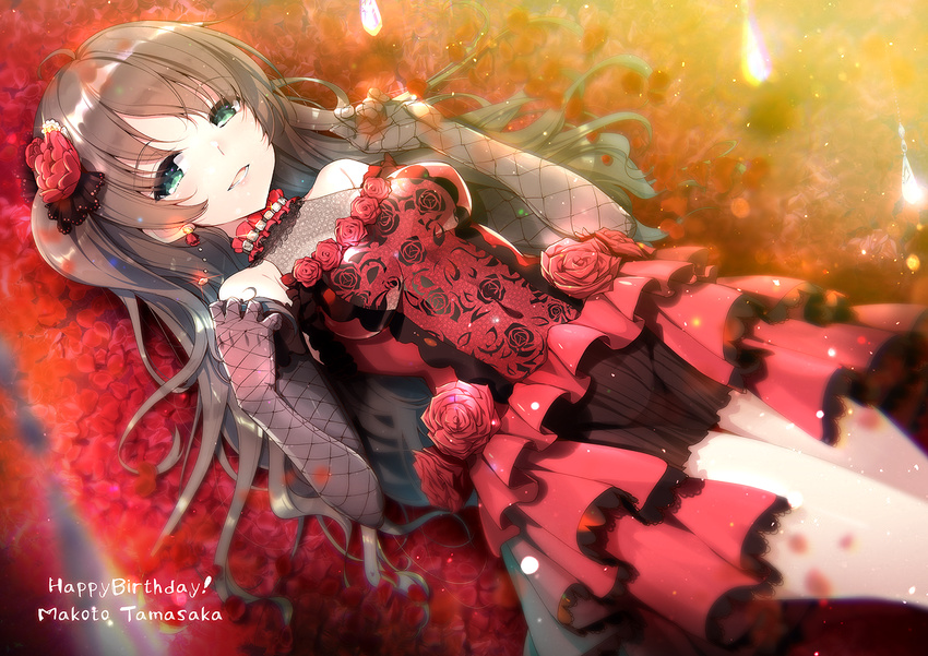 akahito blurry blush breasts brown_hair commentary_request depth_of_field dress fishnet_gloves fishnets flower gloves green_eyes happy_birthday long_hair looking_at_viewer medium_breasts one_side_up red_dress rose smile solo tamasaka_makoto tokyo_7th_sisters