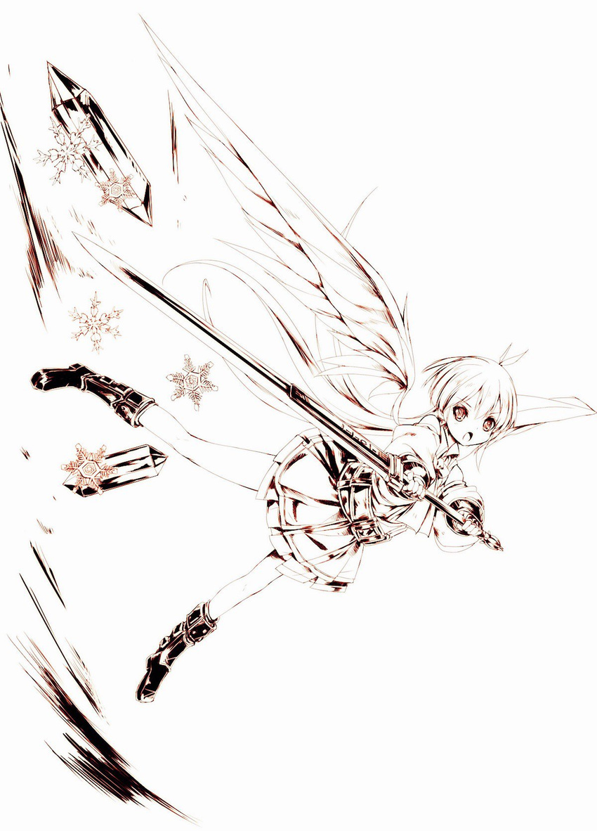 angel_wings belt boots crystal detached_sleeves dress eternity_sword_series fingerless_gloves flying gloves highres hitomaru long_hair monochrome official_art open_mouth ponytail solo sword very_long_hair weapon wings yuukyuu_no_euphoria yuyu_bluespirit